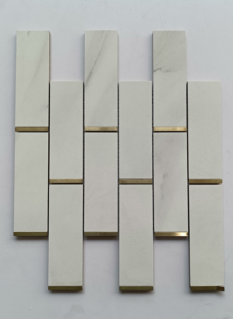 White Chevron ceramic mosaic gold stainless steel edge