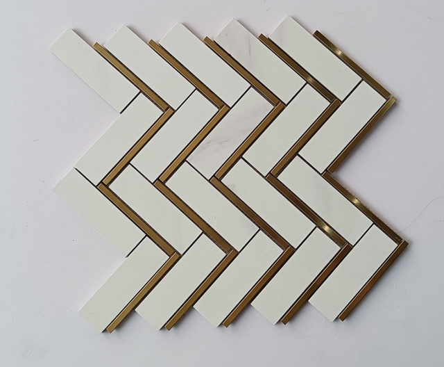 White Chevron ceramic mosaic gold stainless steel edge